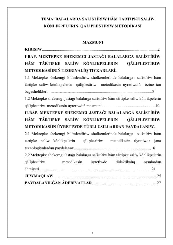 Balalarda Salístíríw Hám Tártipke Salíw Kónlikpelerin Qáliplestiriw Metodikasi