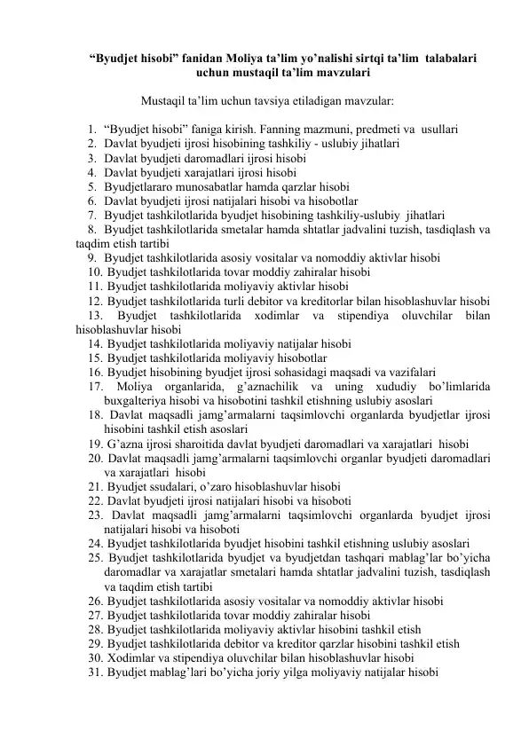Byudjet hisobi fanidan Moliya ta’lim yo’nalishi