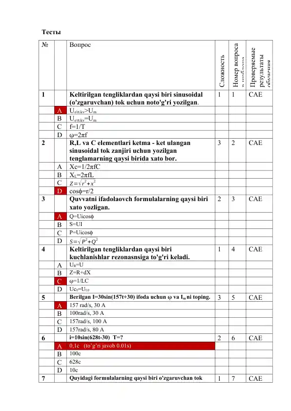 Elektronika va sxemalar fani testlari