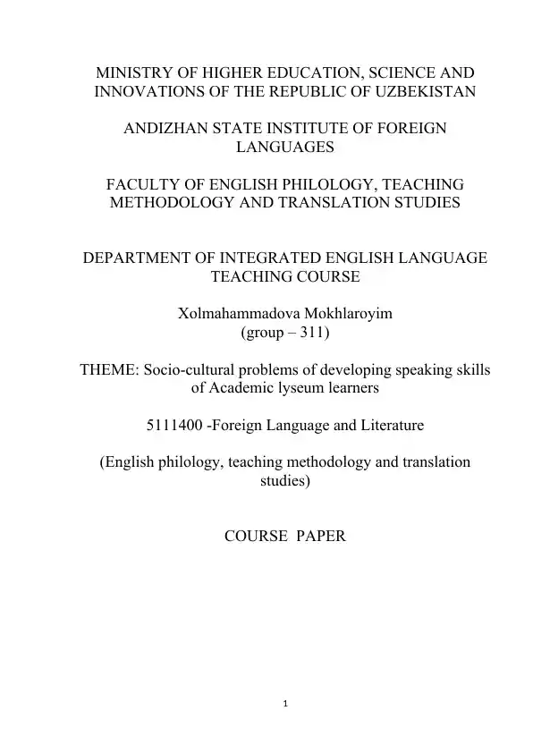 Socio-cultural problems of developing speaking skills of Academic lyceum learners