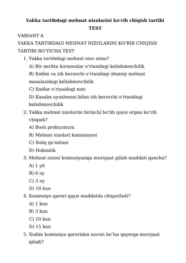 Yakka tartibdagi mehnat nizolarini ko‘rib chiqish tartibi