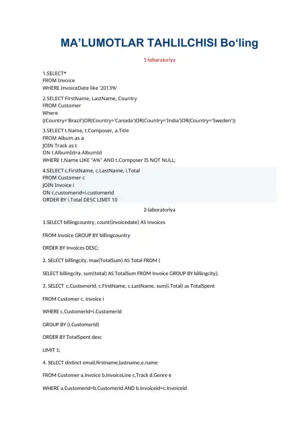 SQL tekshiruvi laboratoriyasi