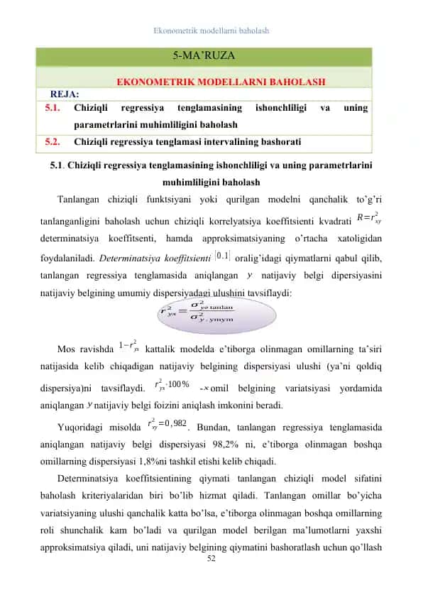 Chiziqli regressiya tenglamasining ishonchliligi va uning parametrlarini muhimliligini baholash