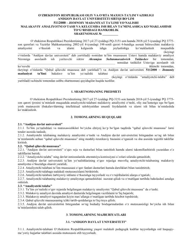 Malakaviy Amaliyotni O‘tash va Kelgusida Ish Bilan Ta'minlashga Ko‘maklashish Shartnomasi