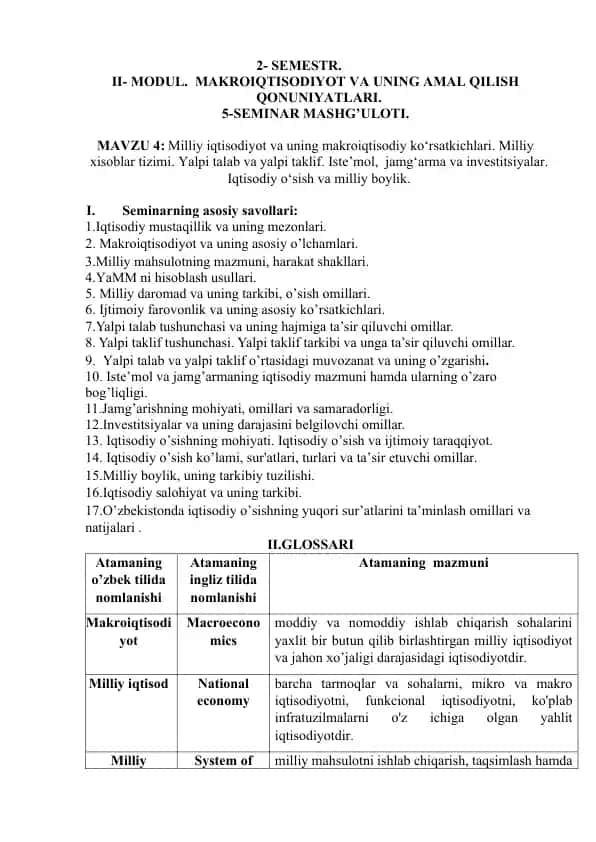 Semestr 2 - Makroiqtisodiyot va uning amal qilish qonuniyatları