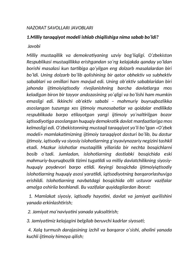 Nazorat savollari javoblari