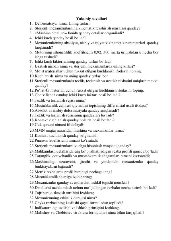 Mekanika fanidan savollar va javoblar