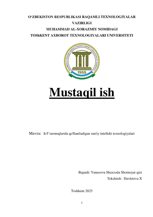 IoT tarmoqlarida qo'llaniladigan sun'iy intellekt texnologiyalari