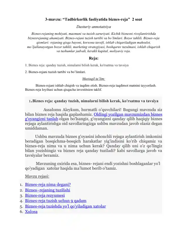 Biznes reja tuzish va ishlash
