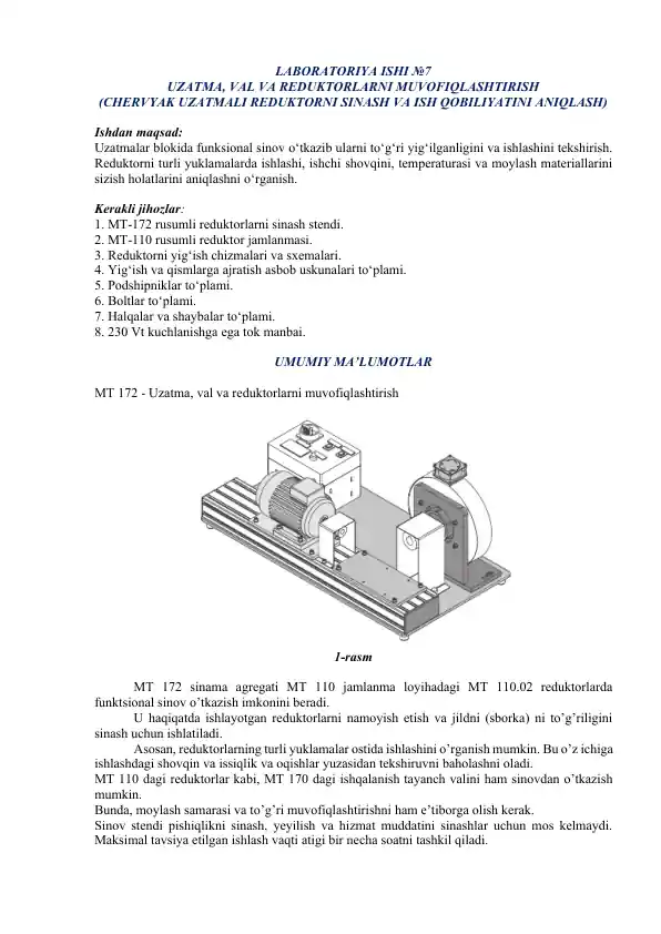 Uzatma, val va reduktorlarni muvofiqlashtirish laboratoriyasi