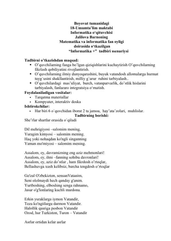 "Informatika +” tadbiri ssenariysi