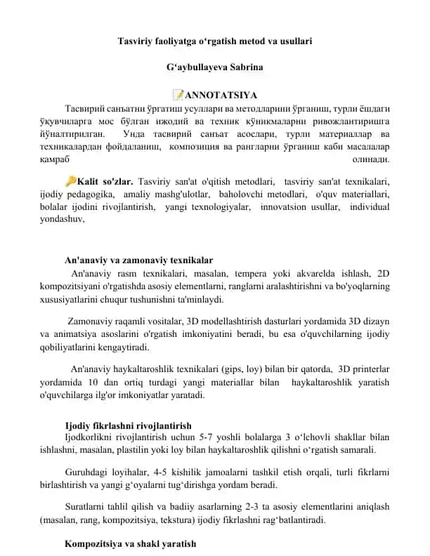 Tasviriy faoliyatga oʻrgatish metod va usullari
