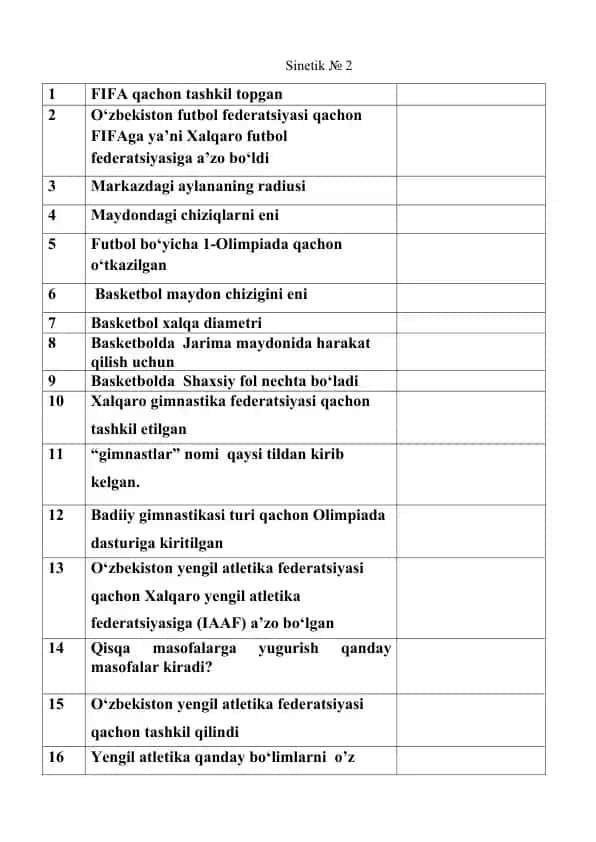 Sport va Atletika Bo'yicha Savollar va Javoblar to'plami