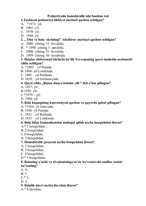 Pediatriyada hamshiralik ishi fanidan test