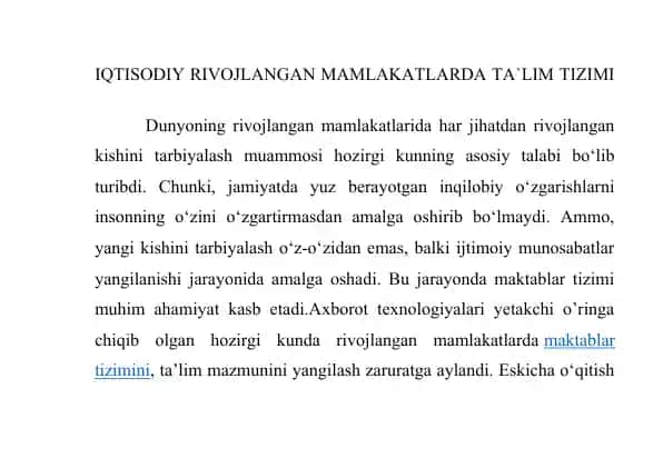 IQTISODIY RIVOJLANGAN MAMLAKATLARDA TA`LIM TIZIMI