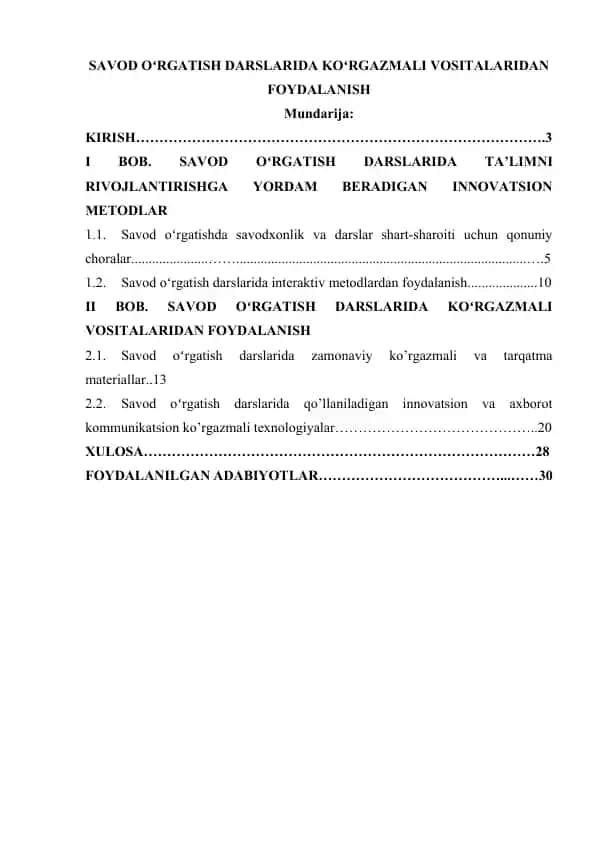 SAVOD OʻRGATISH DARSLARIDA KOʻRGAZMALI VOSITALARIDAN FOYDALANISH