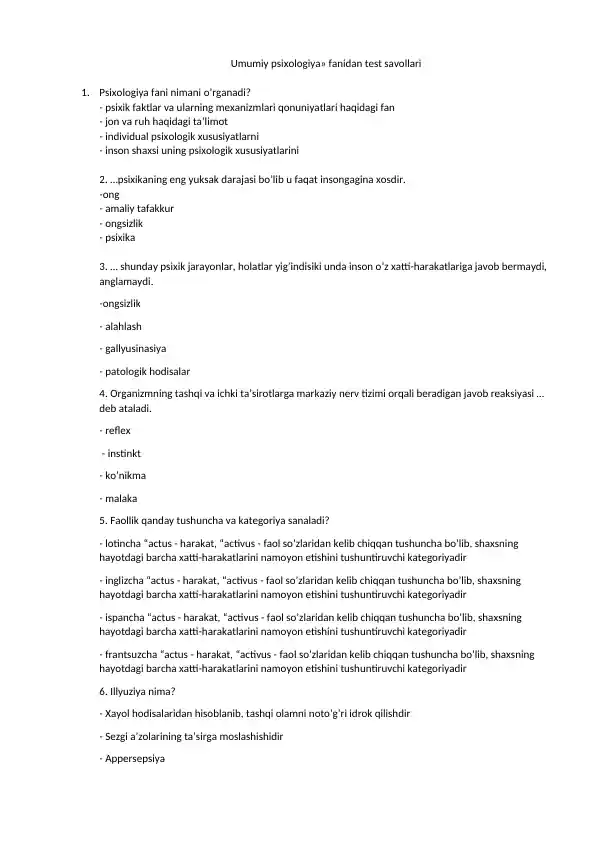 Umumiy psixologiya fanidan test savollari