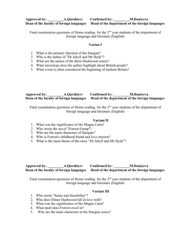Home reading final examination questions