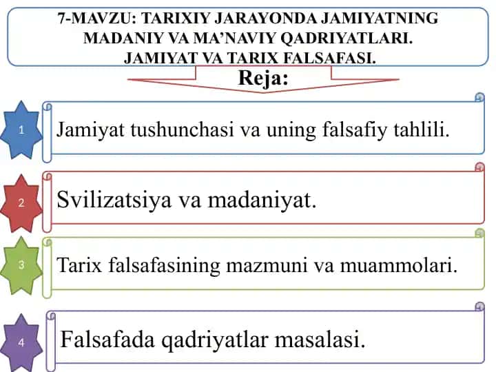 7-mavzu: Tarixiy jarayonda jamiyatning madaniy va ma’naviy qadriyatlari. Jamiyat va tarix falsafasi