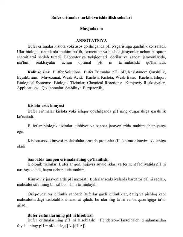 Bufer eritmalar tarkibi va ishlatilish sohalari