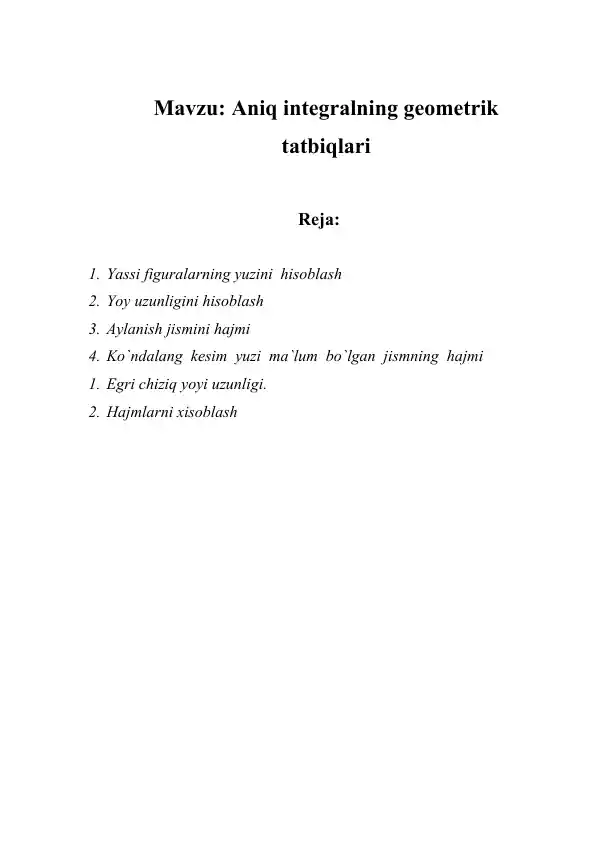 Aniq integralning geometrik tatbiqlari