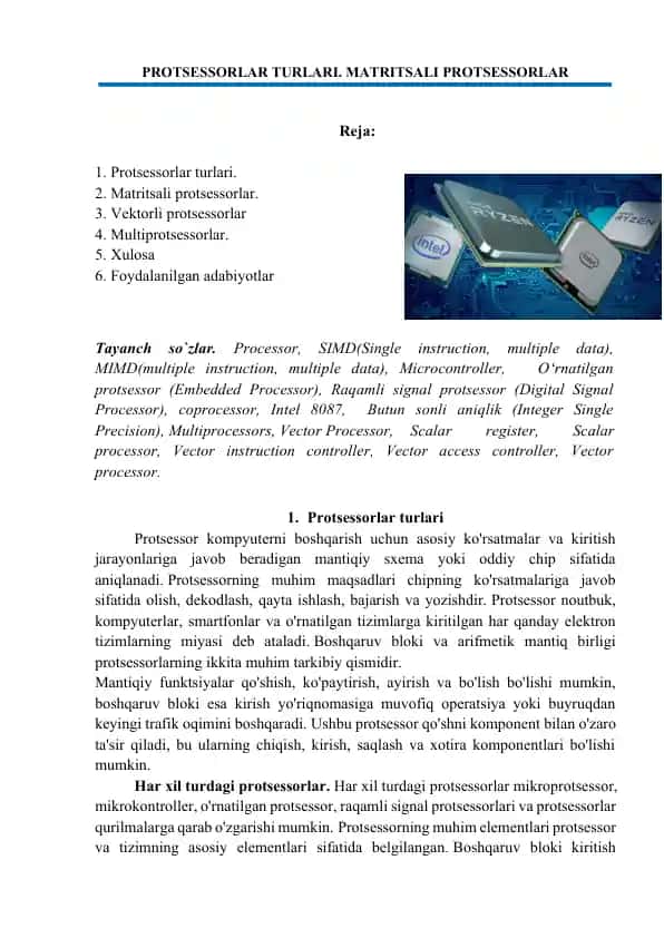 PROTSESSORLAR TURLARI. MATRITSALI PROTSESSORLAR