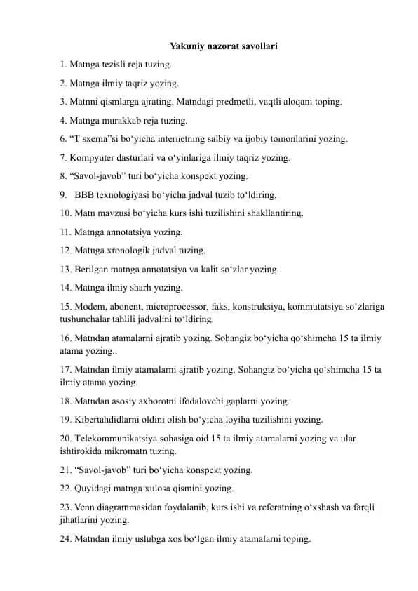 Yakuniy nazorat savollari