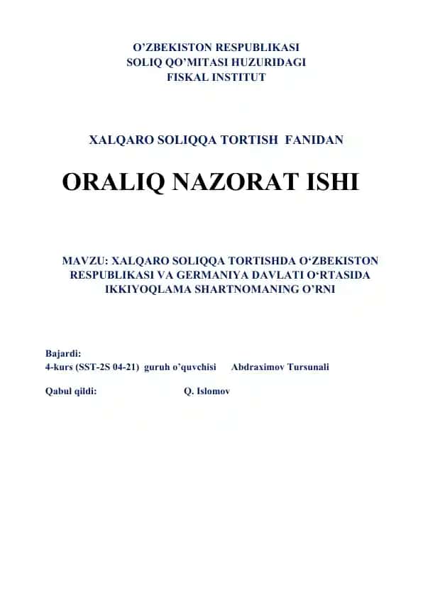 Xalqaro soliqqa tortishda O‘zbekiston Respublikasi va Germaniya davlati o‘rtasida ikkiyoqlama shartnomaning o‘rni