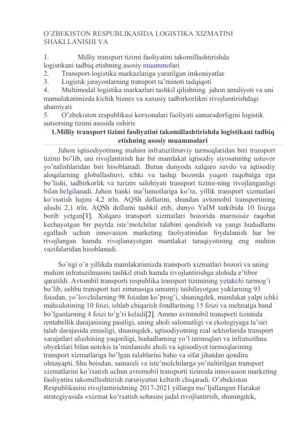 Transport tizimi rivojlanishi va logistika