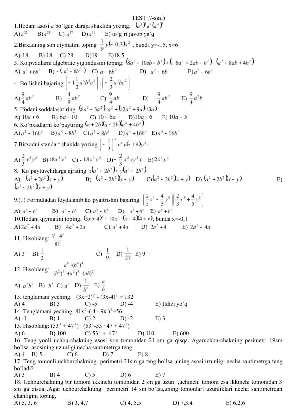 Matematika sinov (7-sinf)