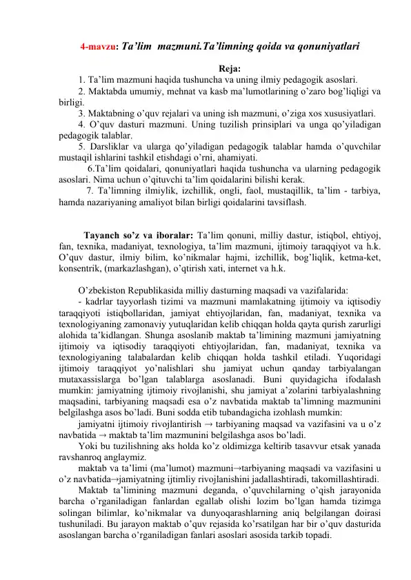 Ta’lim mazmuni va uning ilmiy pedagogik asoslari