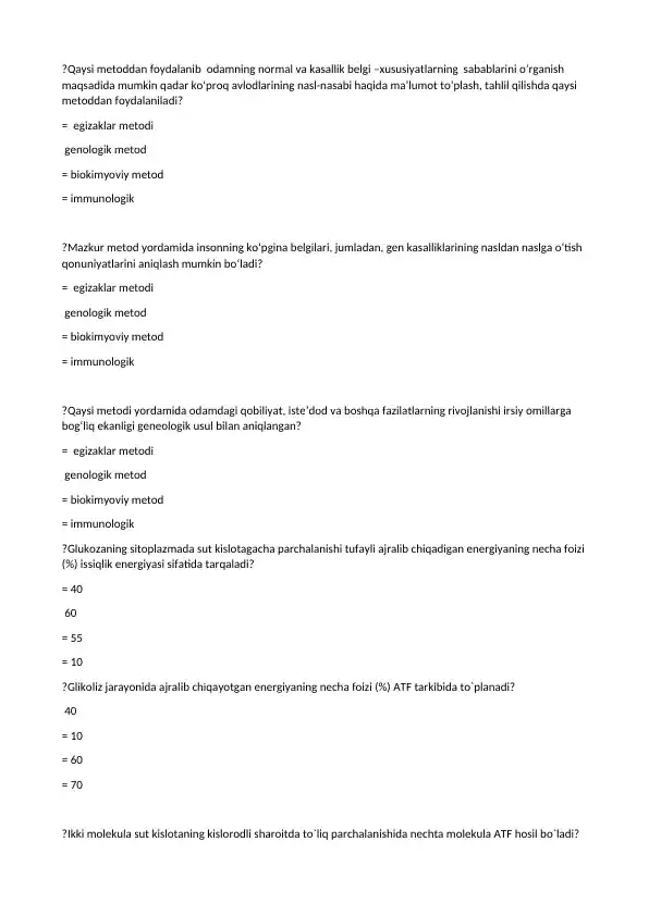 Biologiya fanidan test savollar to‘plami