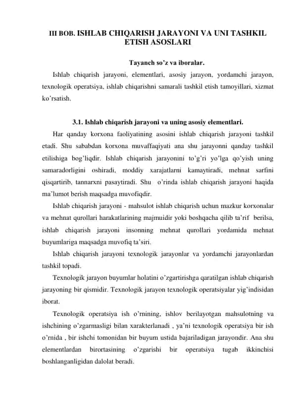Ishlab Chiqarish Jarayoni va Uni Tashkil Etish Asoslari