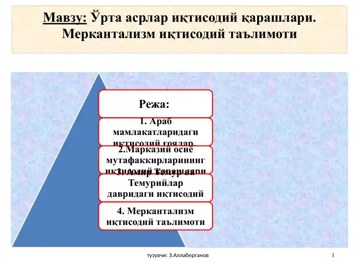 Ўрта асрлар иқтисодий қарашлари. Меркантализм иқтисодий таълимоти