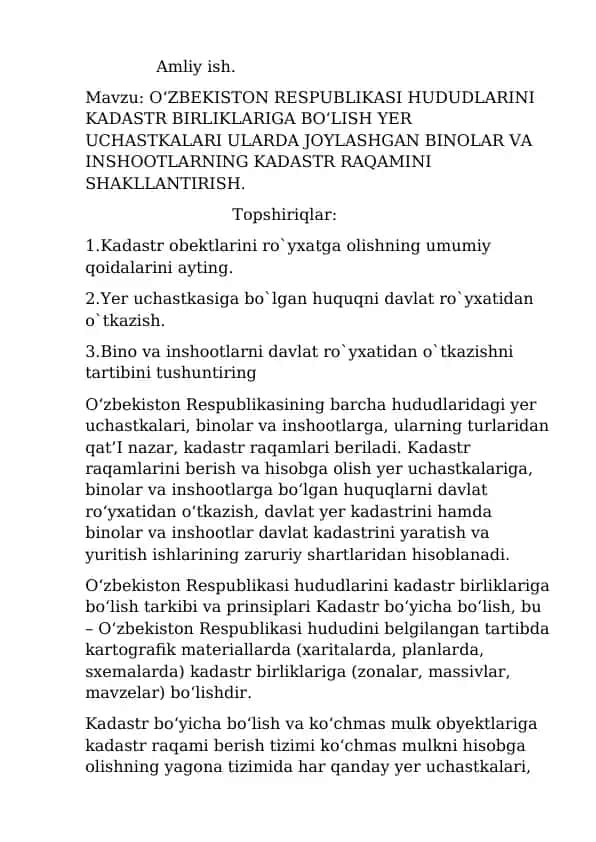 Kadastr Birliklariga Bo‘lish