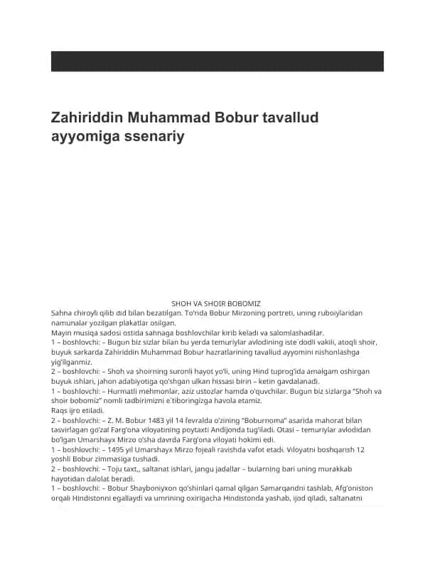 Zahiriddin Muhammad Bobur tavallud ayyomiga ssenariy