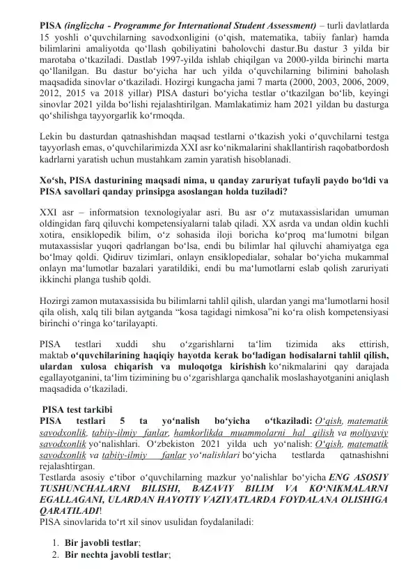PISA (Programme for International Student Assessment) dasturi