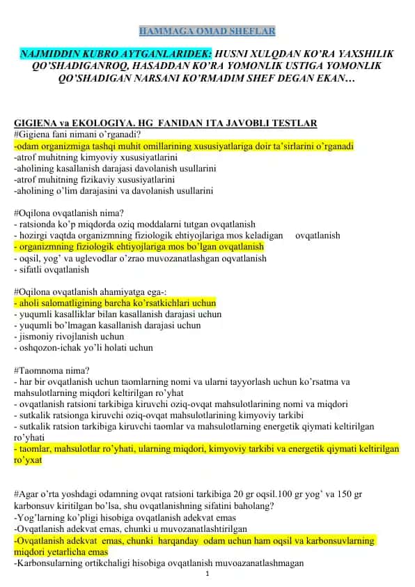 Gigiena va Ekologiya. HG Fanidan 1 ta Javobli Testlar