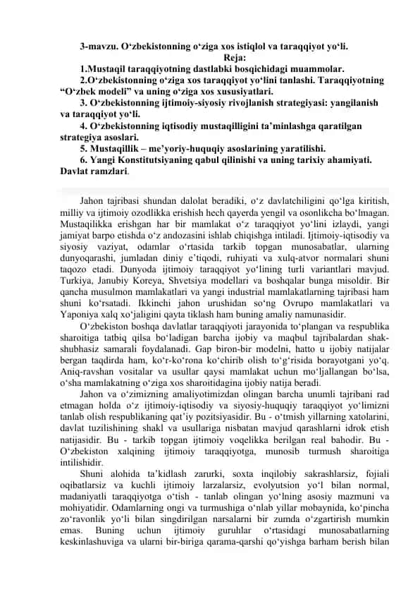 O‘zbekistonning o‘ziga xos istiqlol va taraqqiyot yo‘li