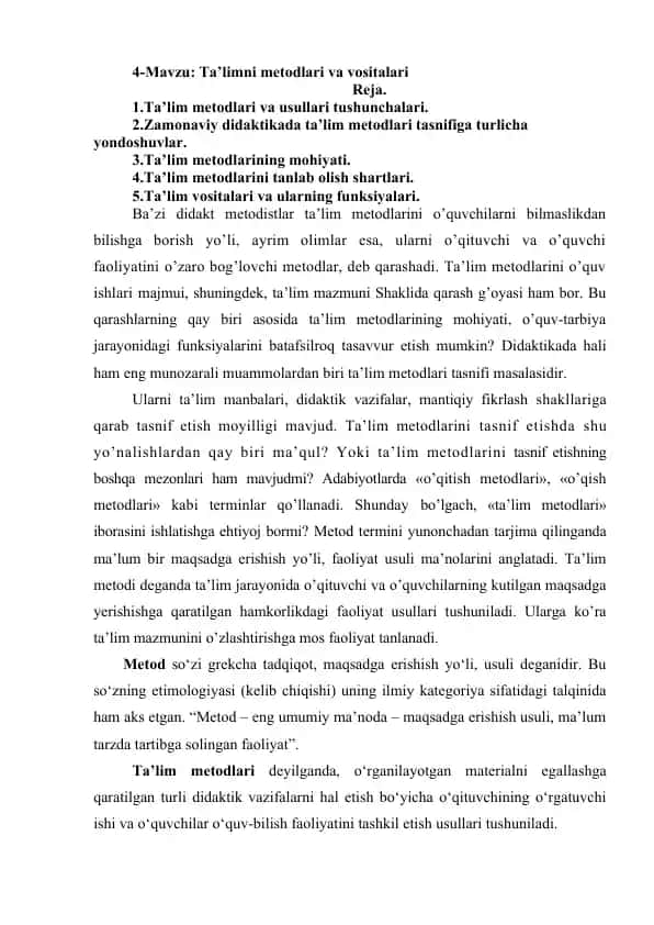 Ta’lim Metodlari Va Vositalari