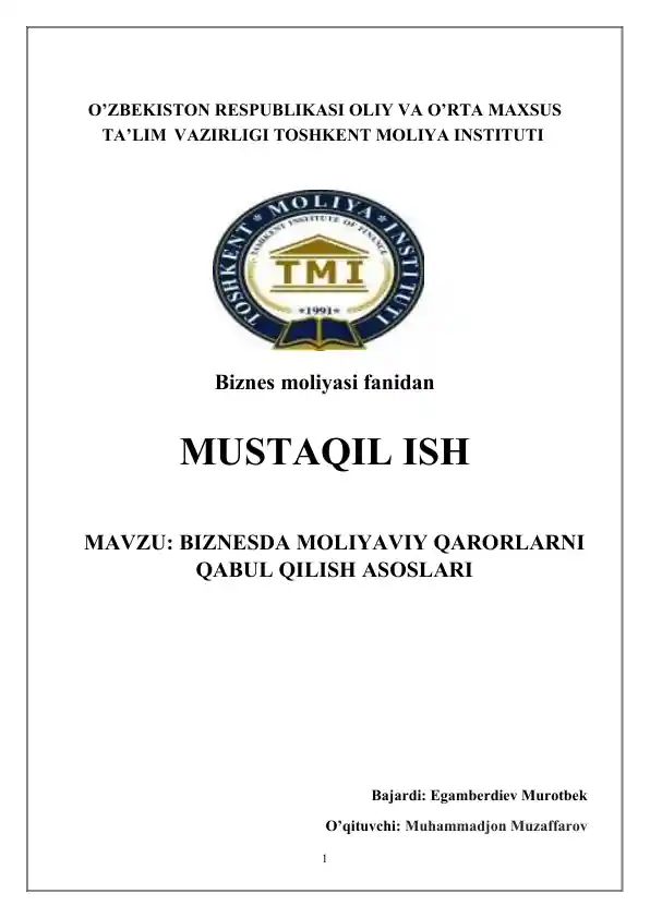 Biznesda moliyaviy qarorlarni qabul qilish asoslari