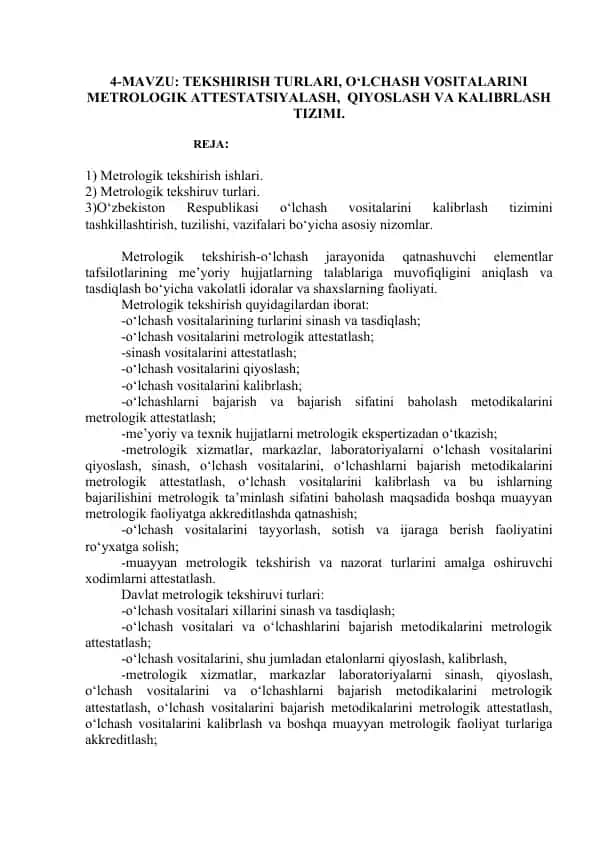 Metrologik Tekshirish va Kalibrlash