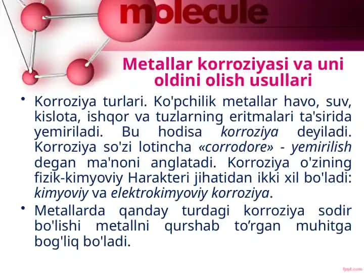 Metallarkorroziyasi va uni oldini olish usullari