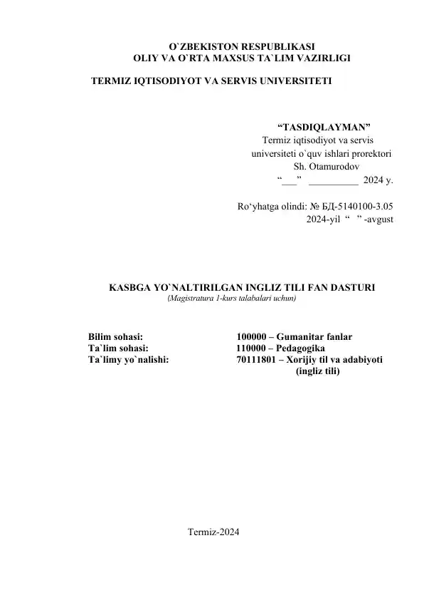 Kasbga yo'naltirilgan ingliz tili fan dasturi (Magistratura 1-kurs talabalari uchun)