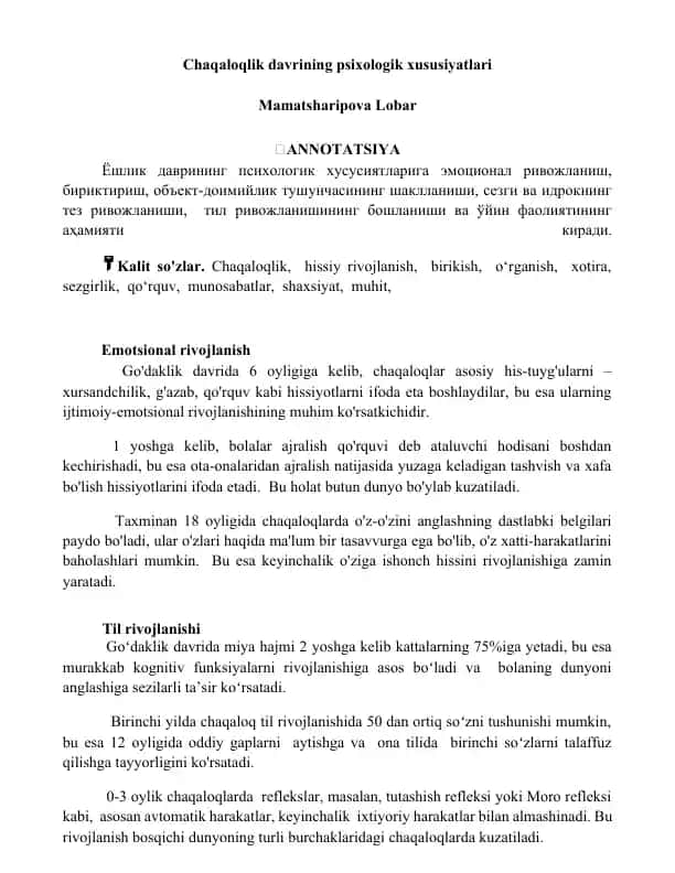 Chaqaloqlik davrining psixologik xususiyatlari