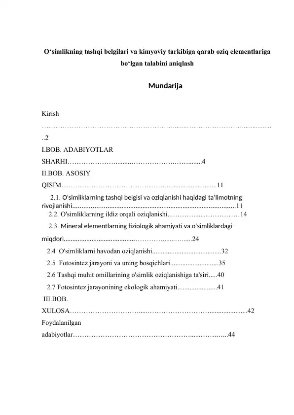 O'simlik oziqlanishining kimyoviy tarkibi