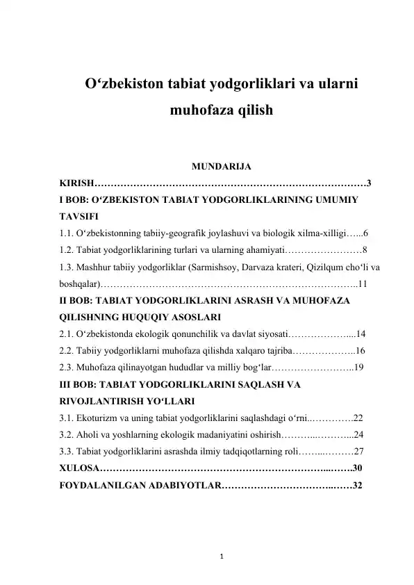 O‘zbekiston tabiat yodgorliklari va ularni muhofaza qilish
