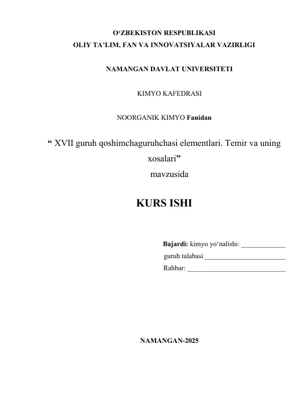 XVII guruh qoshimchaguruhchasi elementlari. Temir va uning xosalari