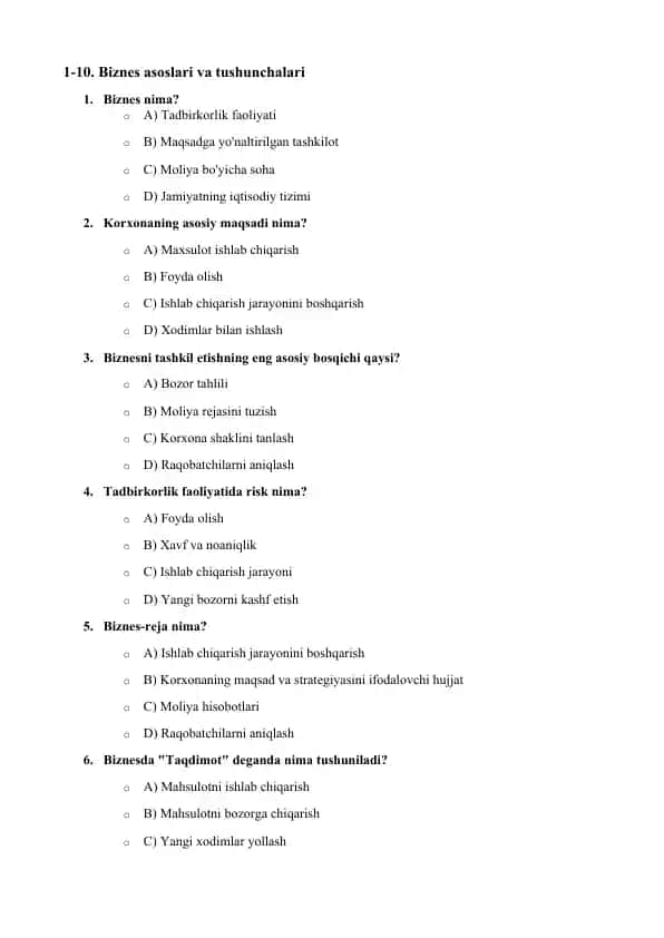 Biznes asoslari va tushunchalari