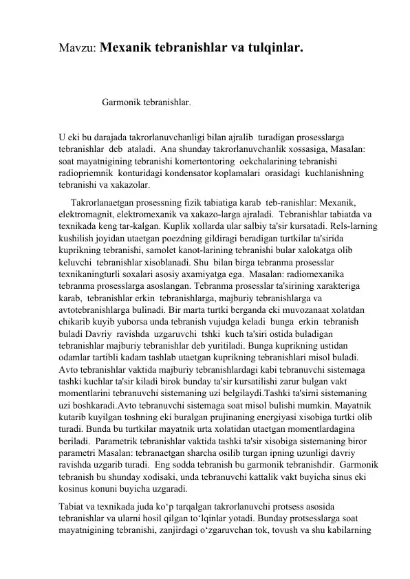 Mexanik tebranishlar va tulqinlar